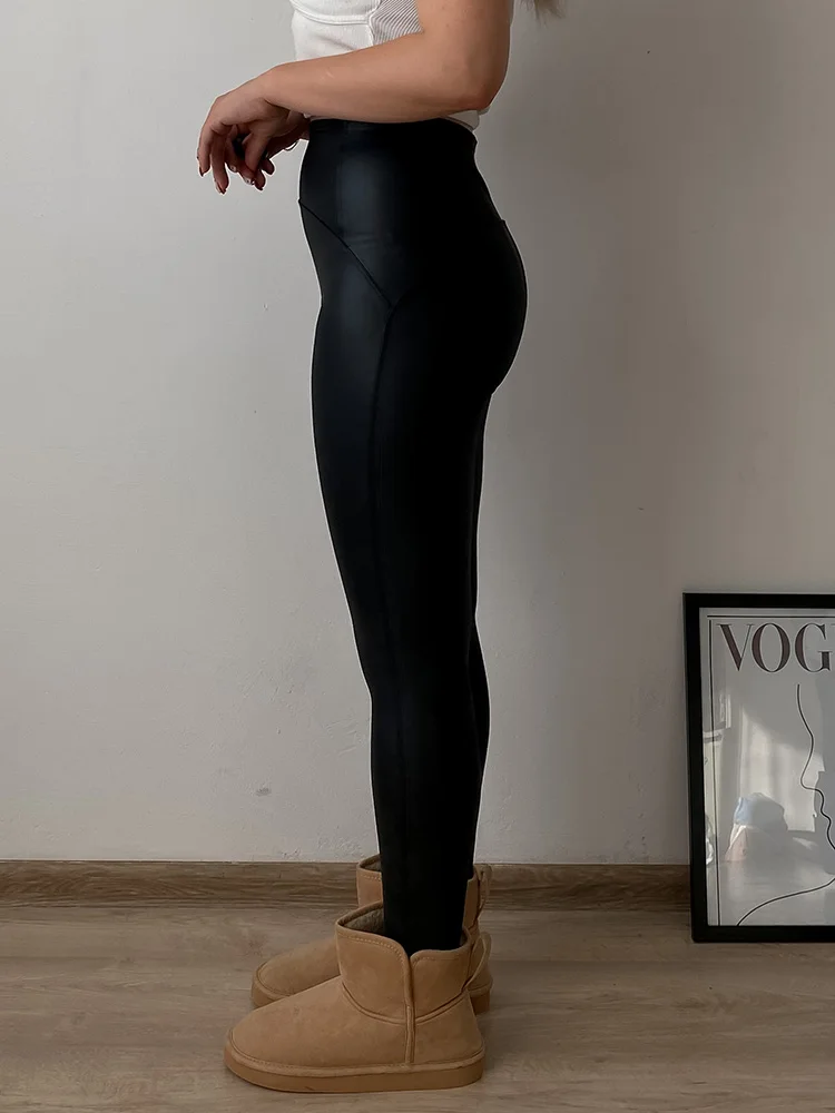 KarSaNy High Waist Fleece Winter Leather Pants For Women Beige PU Windproof Trousers Skinny Velvet Warm Pants Women Winter