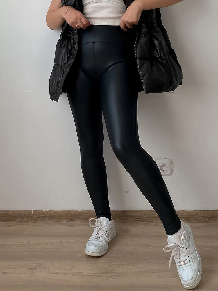 KarSaNy High Waist Fleece Winter Leather Pants For Women Beige PU Windproof Trousers Skinny Velvet Warm Pants Women Winter