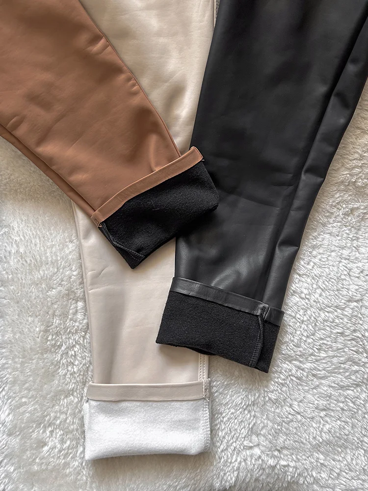 KarSaNy High Waist Fleece Winter Leather Pants For Women Beige PU Windproof Trousers Skinny Velvet Warm Pants Women Winter