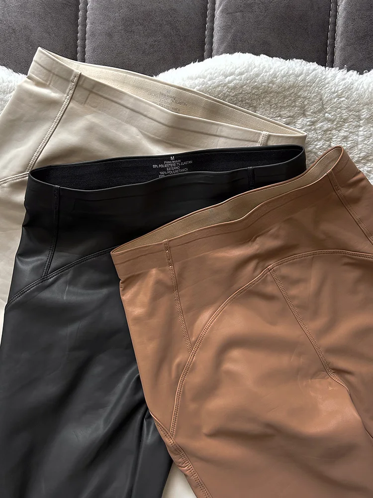 KarSaNy High Waist Fleece Winter Leather Pants For Women Beige PU Windproof Trousers Skinny Velvet Warm Pants Women Winter