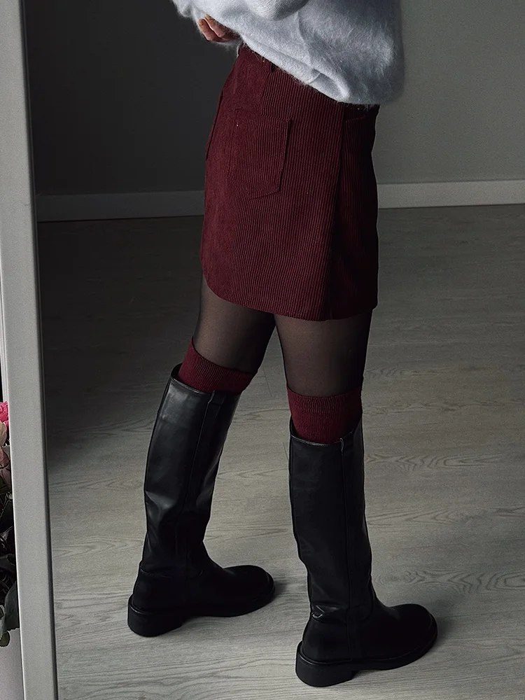 Autumn Corduroy Mini Skirt Burgundy For Women Brown Vintage A Line Short Skirts With Shorts Inside For Women Skirt Corduroy Fall