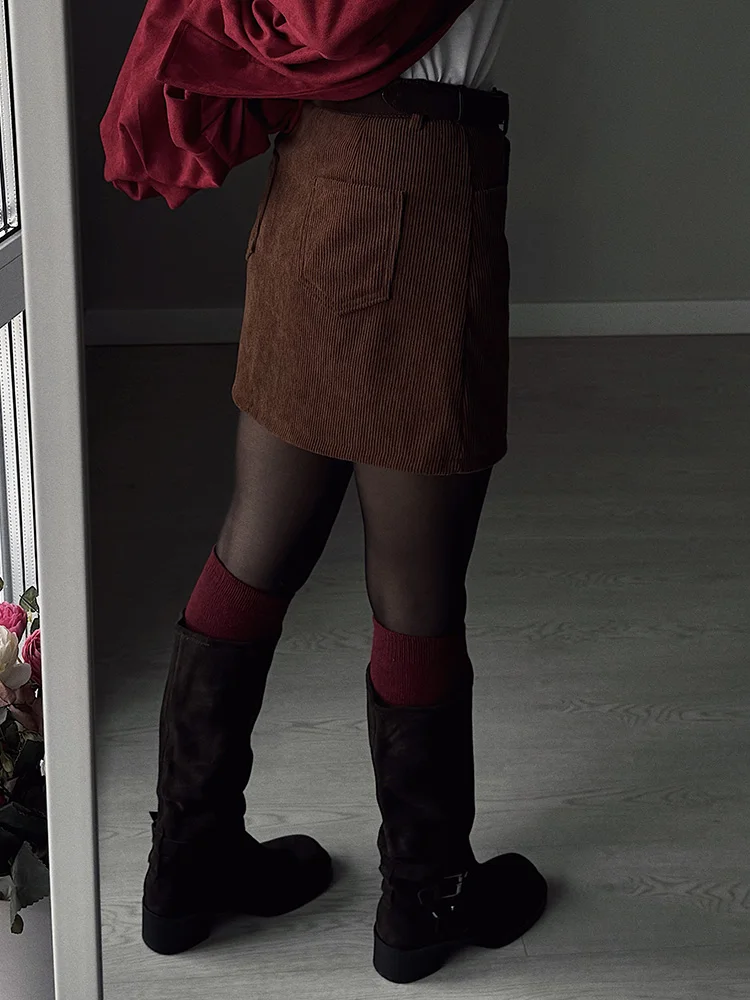 Autumn Corduroy Mini Skirt Burgundy For Women Brown Vintage A Line Short Skirts With Shorts Inside For Women Skirt Corduroy Fall