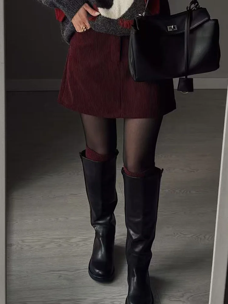 Autumn Corduroy Mini Skirt Burgundy For Women Brown Vintage A Line Short Skirts With Shorts Inside For Women Skirt Corduroy Fall