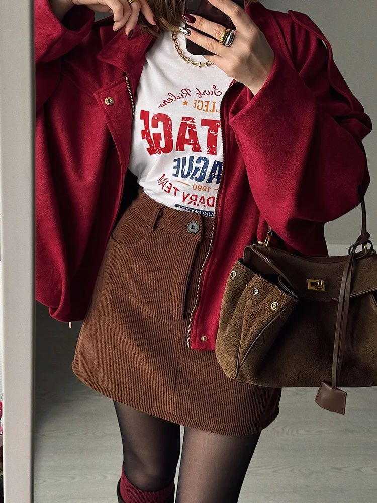 Autumn Corduroy Mini Skirt Burgundy For Women Brown Vintage A Line Short Skirts With Shorts Inside For Women Skirt Corduroy Fall