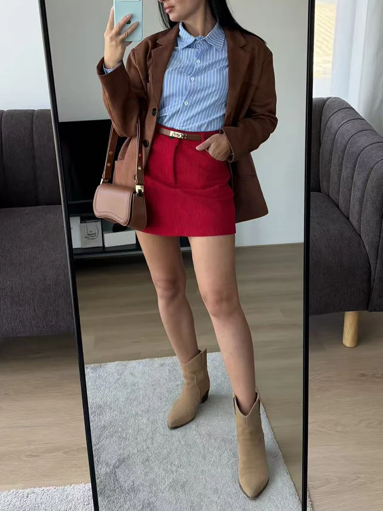 Autumn Corduroy Mini Skirt Burgundy For Women Brown Vintage A Line Short Skirts With Shorts Inside For Women Skirt Corduroy Fall