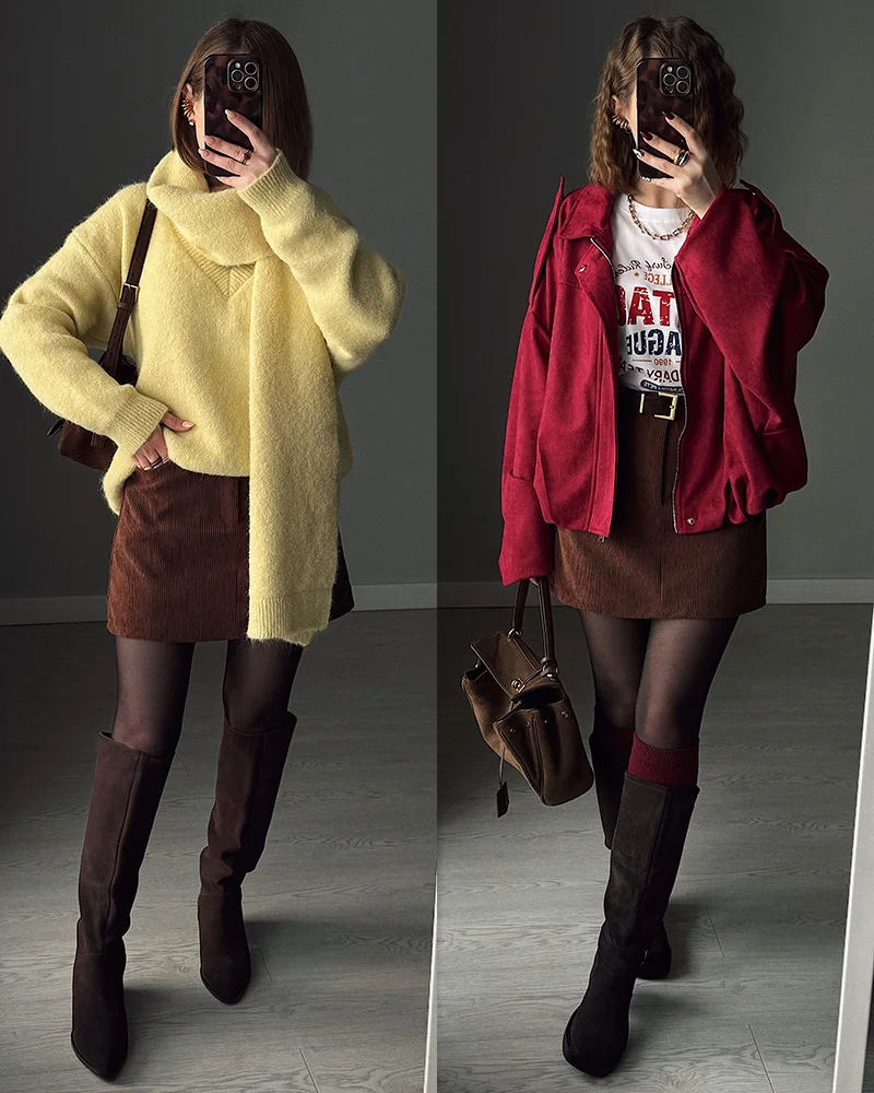 Autumn Corduroy Mini Skirt Burgundy For Women Brown Vintage A Line Short Skirts With Shorts Inside For Women Skirt Corduroy Fall