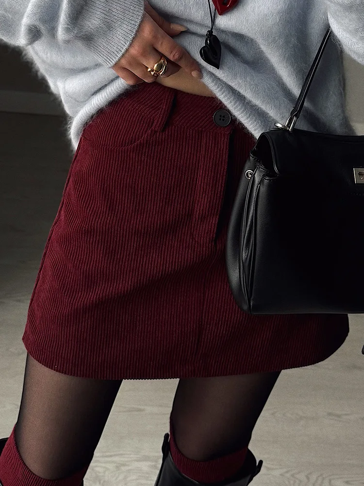 Autumn Corduroy Mini Skirt Burgundy For Women Brown Vintage A Line Short Skirts With Shorts Inside For Women Skirt Corduroy Fall