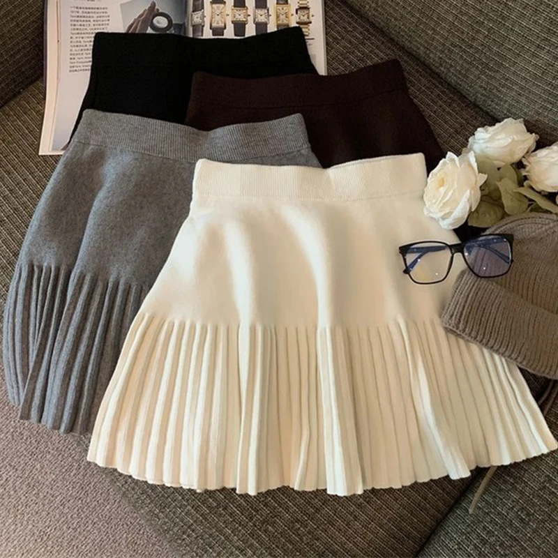 Pleated Mini Skirts Korean Sweet Knitted Skirts Sweet Elastic Waist Ladies Casual Youthful For Women's Clothes Solid Fashion New