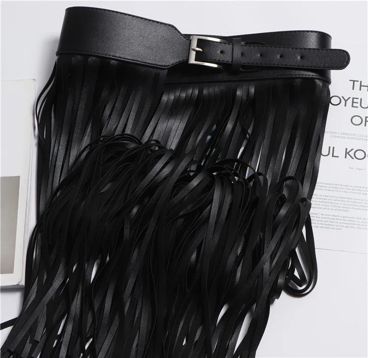 LANMREM Basics PU Leather Skirt Women Belt Black Color High Street Decoration Full Tassels Skirts Female New Fashion 2DC1326