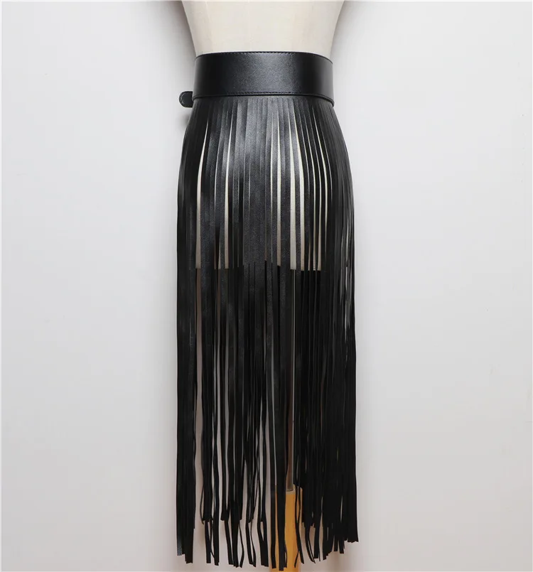 LANMREM Basics PU Leather Skirt Women Belt Black Color High Street Decoration Full Tassels Skirts Female New Fashion 2DC1326