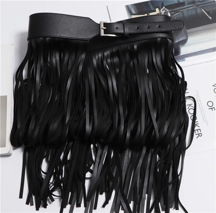 LANMREM Basics PU Leather Skirt Women Belt Black Color High Street Decoration Full Tassels Skirts Female New Fashion 2DC1326
