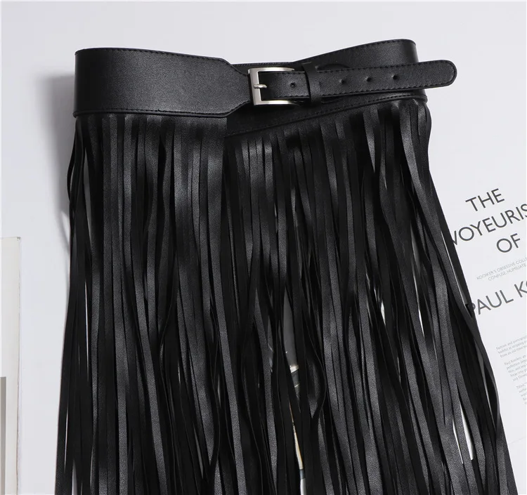 LANMREM Basics PU Leather Skirt Women Belt Black Color High Street Decoration Full Tassels Skirts Female New Fashion 2DC1326