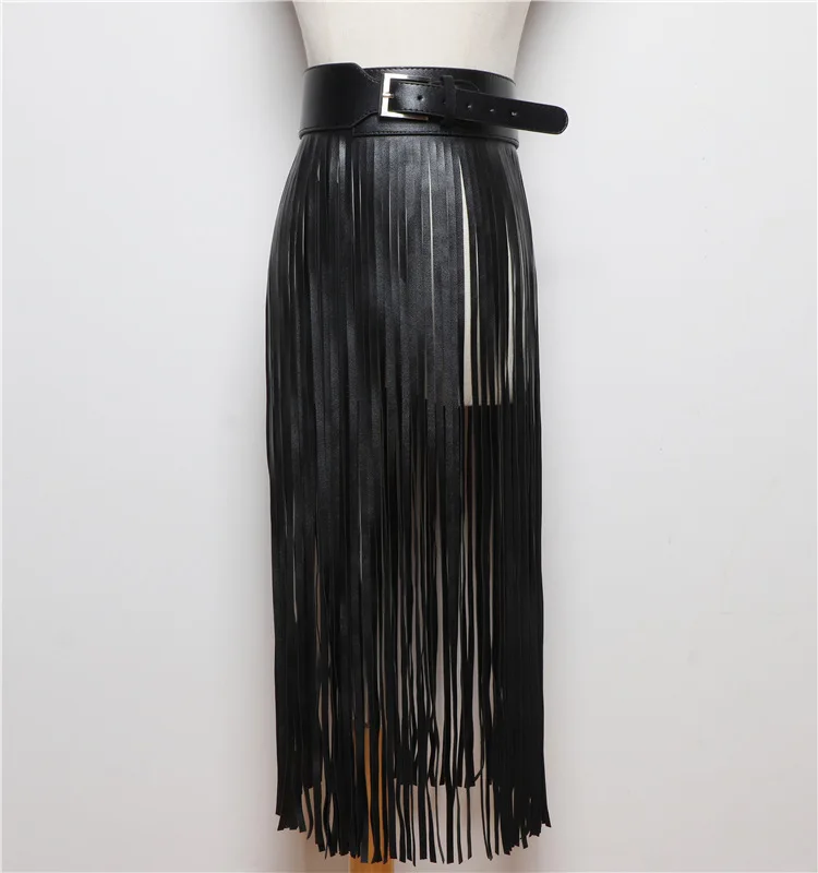 LANMREM Basics PU Leather Skirt Women Belt Black Color High Street Decoration Full Tassels Skirts Female New Fashion 2DC1326