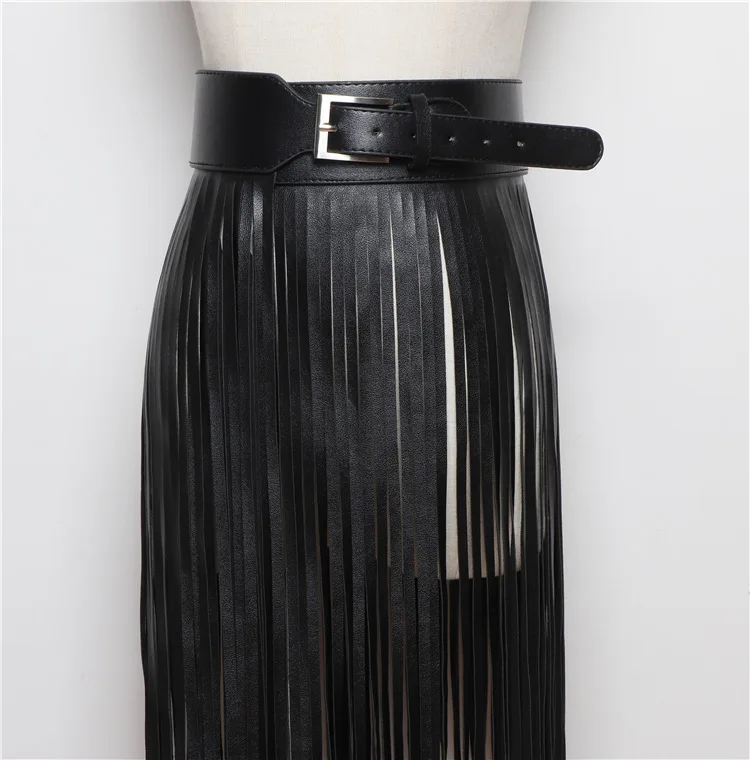 LANMREM Basics PU Leather Skirt Women Belt Black Color High Street Decoration Full Tassels Skirts Female New Fashion 2DC1326