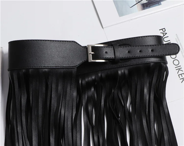 LANMREM Basics PU Leather Skirt Women Belt Black Color High Street Decoration Full Tassels Skirts Female New Fashion 2DC1326