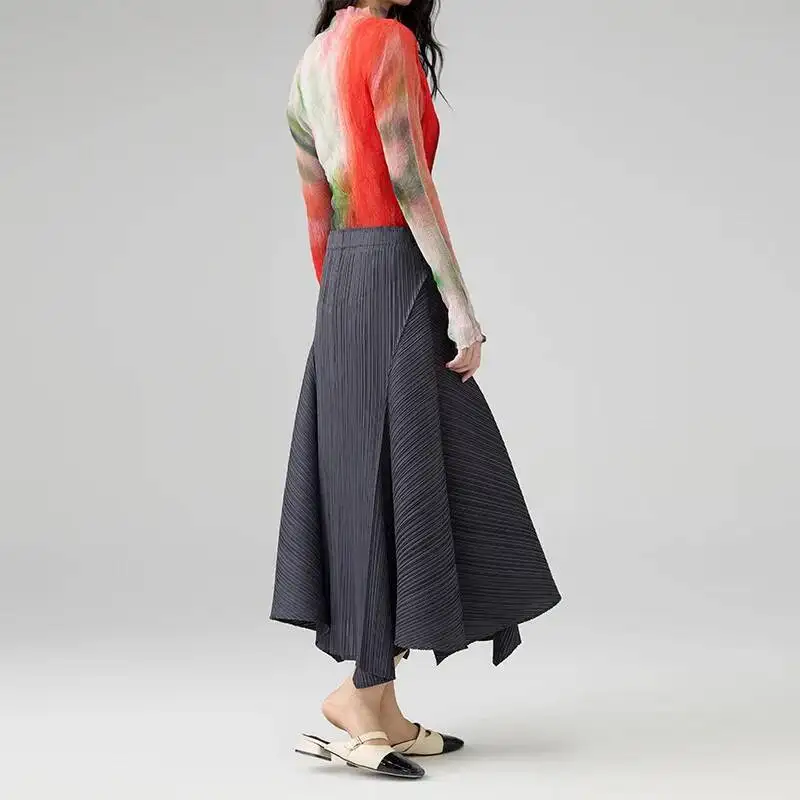 LANMREM 2025 New Irregular Splicing Solid Color Pleated Half Skirt Fashionable Slimming Elastic High Waist A-line Skirts 2DB2852