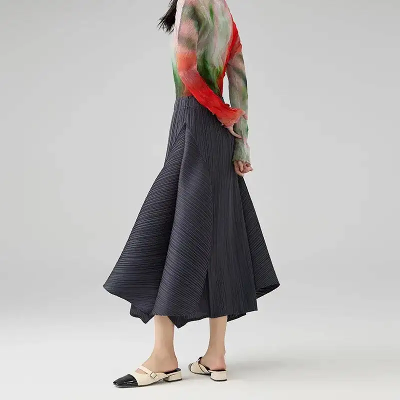 LANMREM 2025 New Irregular Splicing Solid Color Pleated Half Skirt Fashionable Slimming Elastic High Waist A-line Skirts 2DB2852