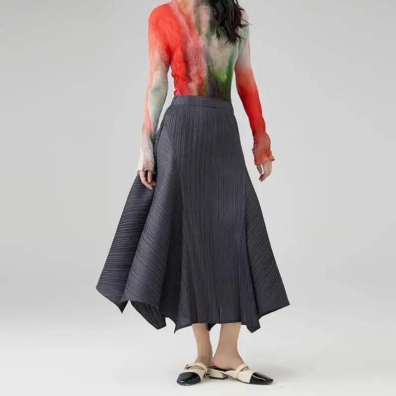 LANMREM 2025 New Irregular Splicing Solid Color Pleated Half Skirt Fashionable Slimming Elastic High Waist A-line Skirts 2DB2852