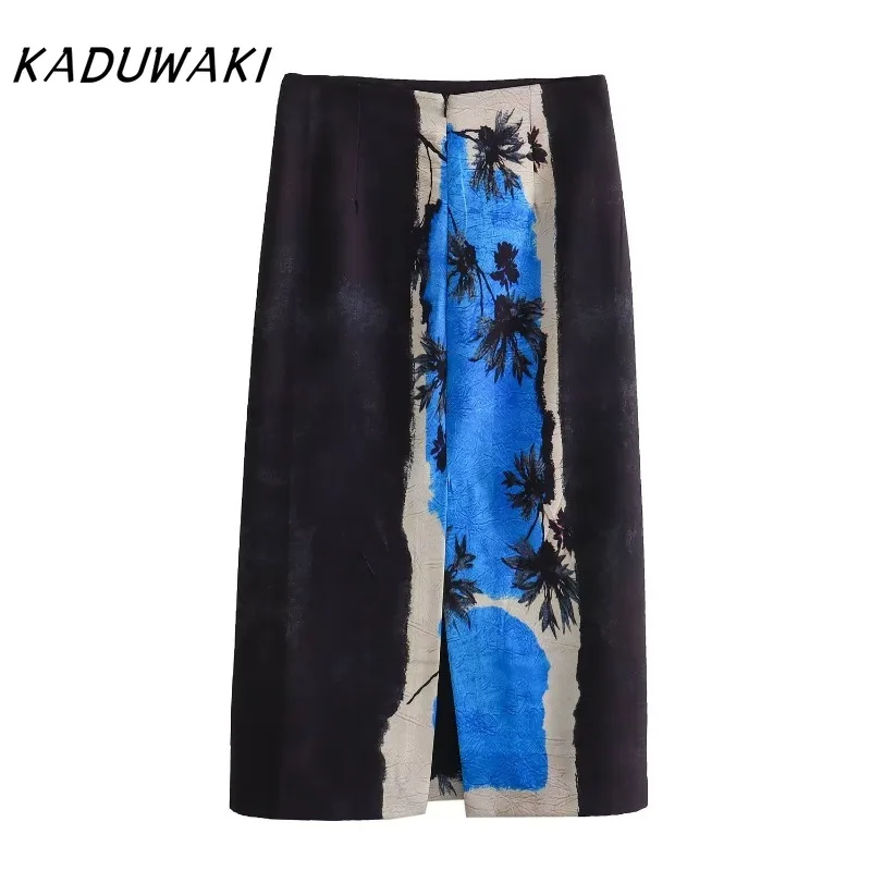 KADUWAKI Corset Summer New Fashion Holiday Printed Midi Long Skirt Zipper High Waist A Line Straight Skirts Vent Back Female Y2K