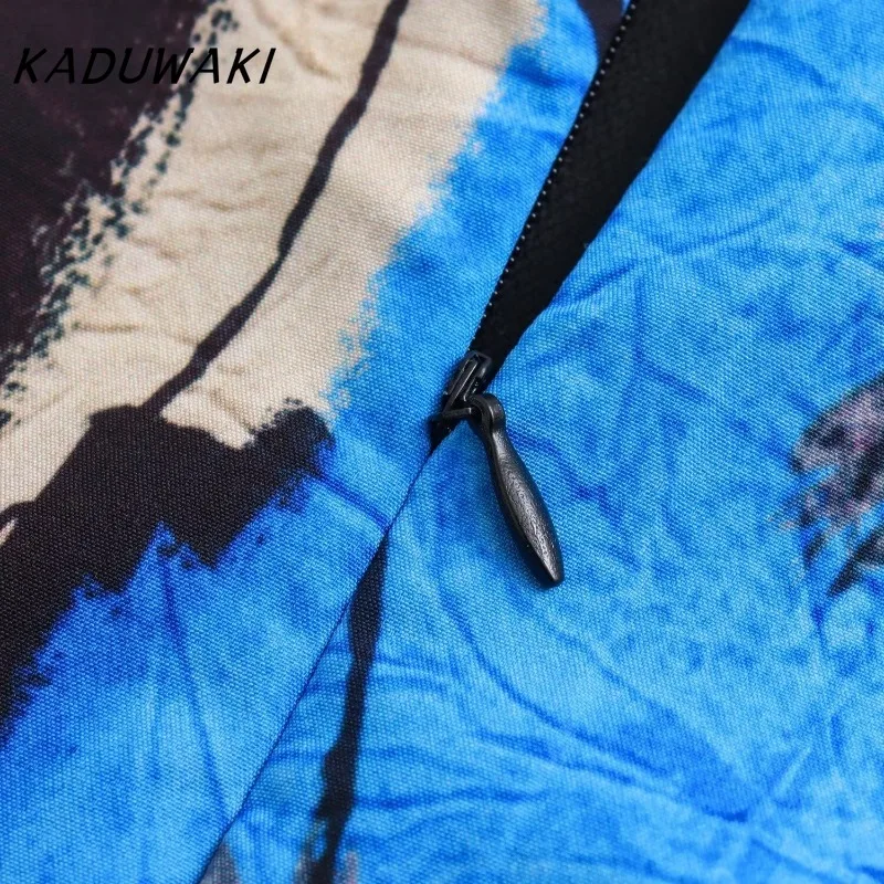 KADUWAKI Corset Summer New Fashion Holiday Printed Midi Long Skirt Zipper High Waist A Line Straight Skirts Vent Back Female Y2K