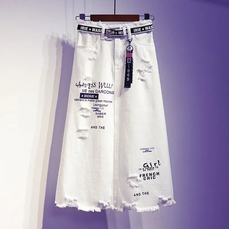 2025 New Women Skirt White Denim Long Skirts Letter Print Korean Style Fashion Hole Oversize Plus Size Female Skirts