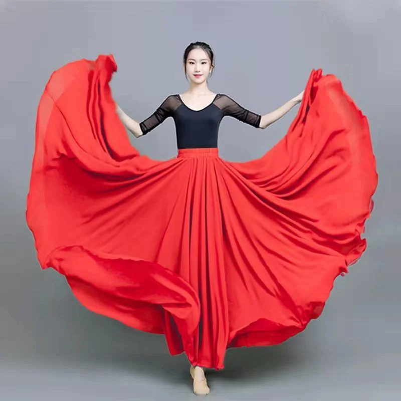 Women Double Chiffon Skirt Have-Liner Stage Performance Big-Hem Skirts Square Dancing Elastic-Waist Elegant A-Line Maxi Skirts
