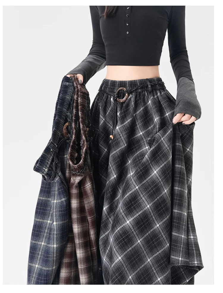 Women Skirt Plaid High Waisted Elastic A Line Mid Length Korean Style Fashion Retro Versatile Irregular Autumn Skirt