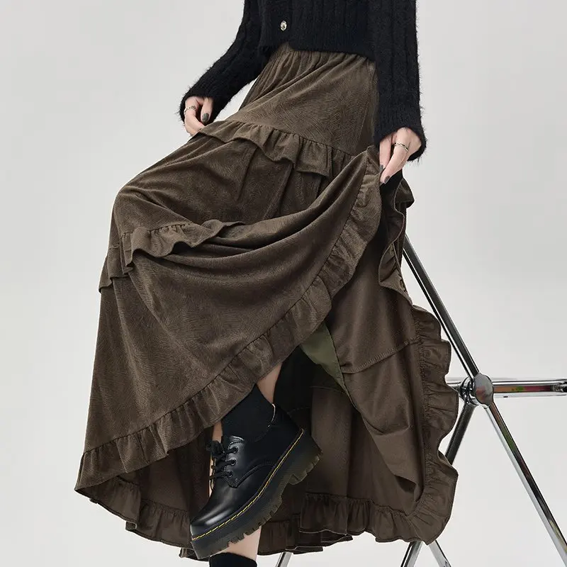 Qiukichonson Mid Long Skirts Womens Velvet Skirt 2023 Autumn Winter Korean Vintage Elastic Waist High Low Ruffle Pleated Skirts