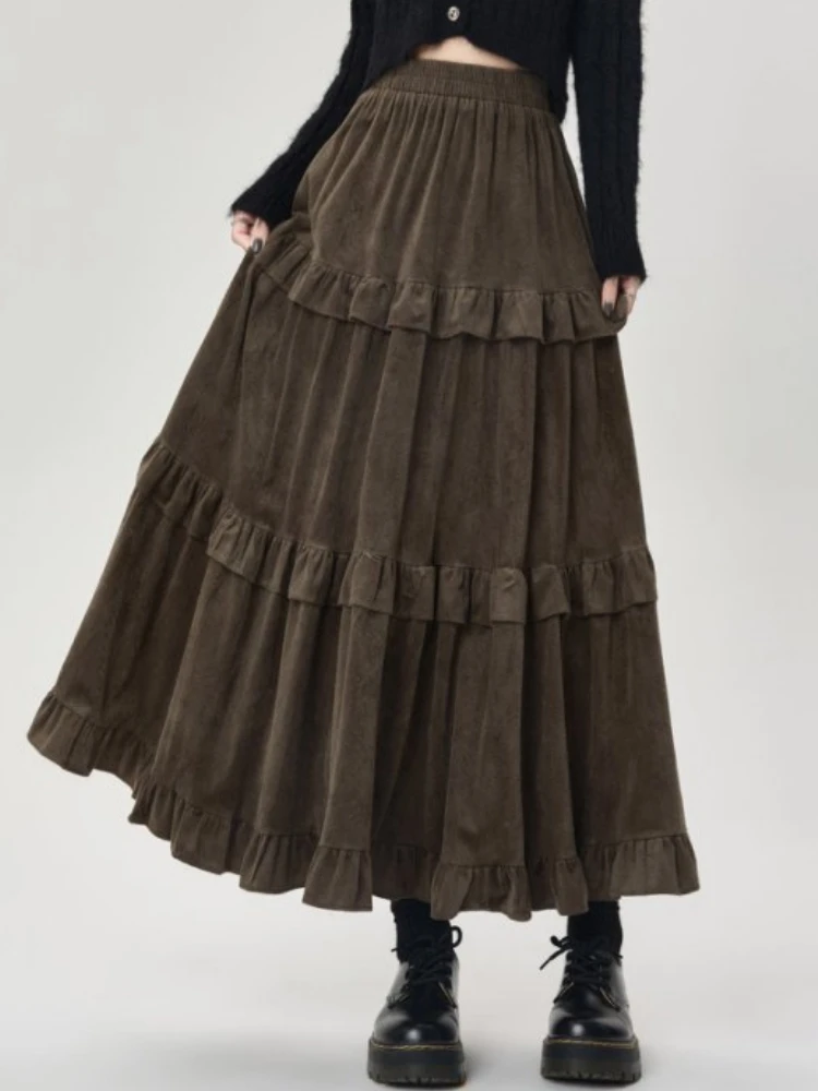 Qiukichonson Mid Long Skirts Womens Velvet Skirt 2023 Autumn Winter Korean Vintage Elastic Waist High Low Ruffle Pleated Skirts