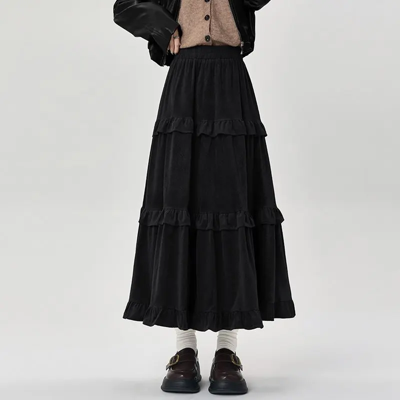 Qiukichonson Mid Long Skirts Womens Velvet Skirt 2023 Autumn Winter Korean Vintage Elastic Waist High Low Ruffle Pleated Skirts