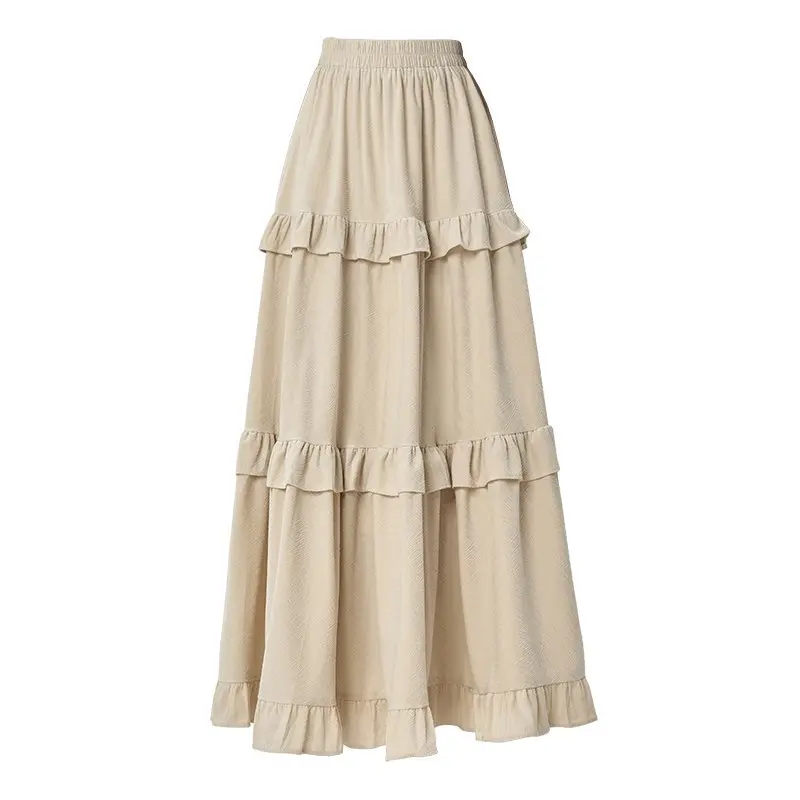 Qiukichonson Mid Long Skirts Womens Velvet Skirt 2023 Autumn Winter Korean Vintage Elastic Waist High Low Ruffle Pleated Skirts