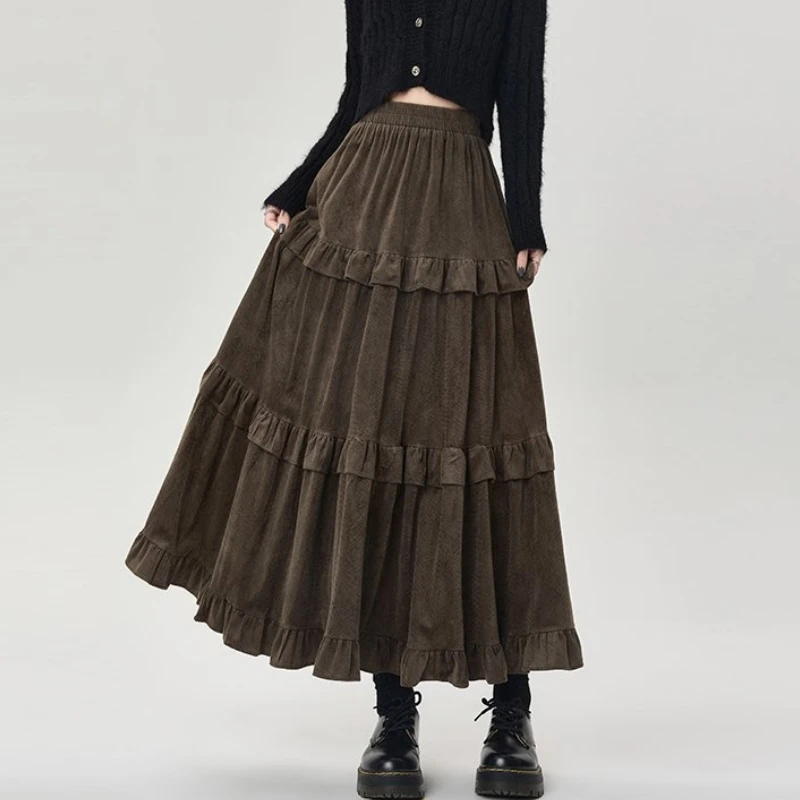 Qiukichonson Mid Long Skirts Womens Velvet Skirt 2023 Autumn Winter Korean Vintage Elastic Waist High Low Ruffle Pleated Skirts