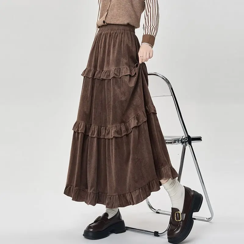 Qiukichonson Mid Long Skirts Womens Velvet Skirt 2023 Autumn Winter Korean Vintage Elastic Waist High Low Ruffle Pleated Skirts