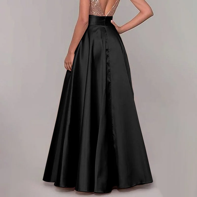 ZANZEA Women Satin Silk Black Maxi Long Skirts Elegant Luxury High Waisted A-Line Party Jupe Femme with Back Zipper Faldas Mujer