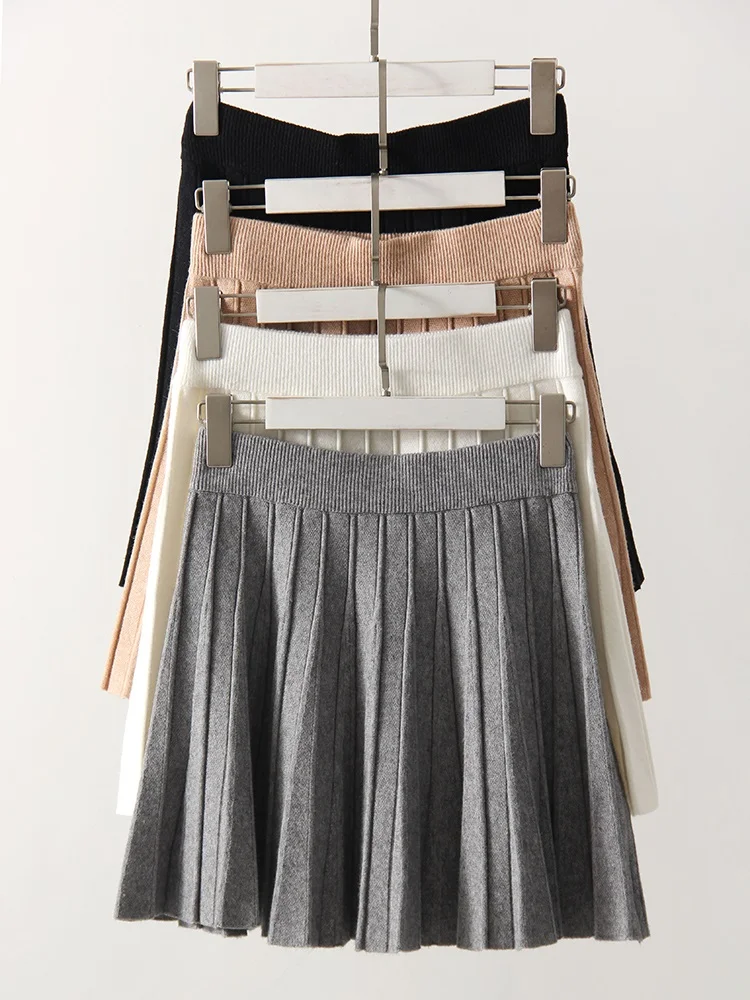 Autumn Knit White Mini Pleated Skirts For Women A Line Skirt Gray High Waist Women Knitted Pleated Short Skirts Korean Fashion