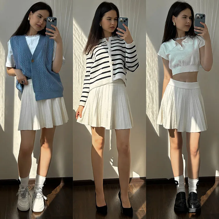 Autumn Knit White Mini Pleated Skirts For Women A Line Skirt Gray High Waist Women Knitted Pleated Short Skirts Korean Fashion