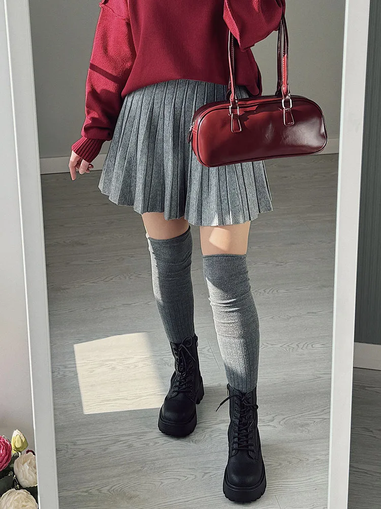 Autumn Knit White Mini Pleated Skirts For Women A Line Skirt Gray High Waist Women Knitted Pleated Short Skirts Korean Fashion