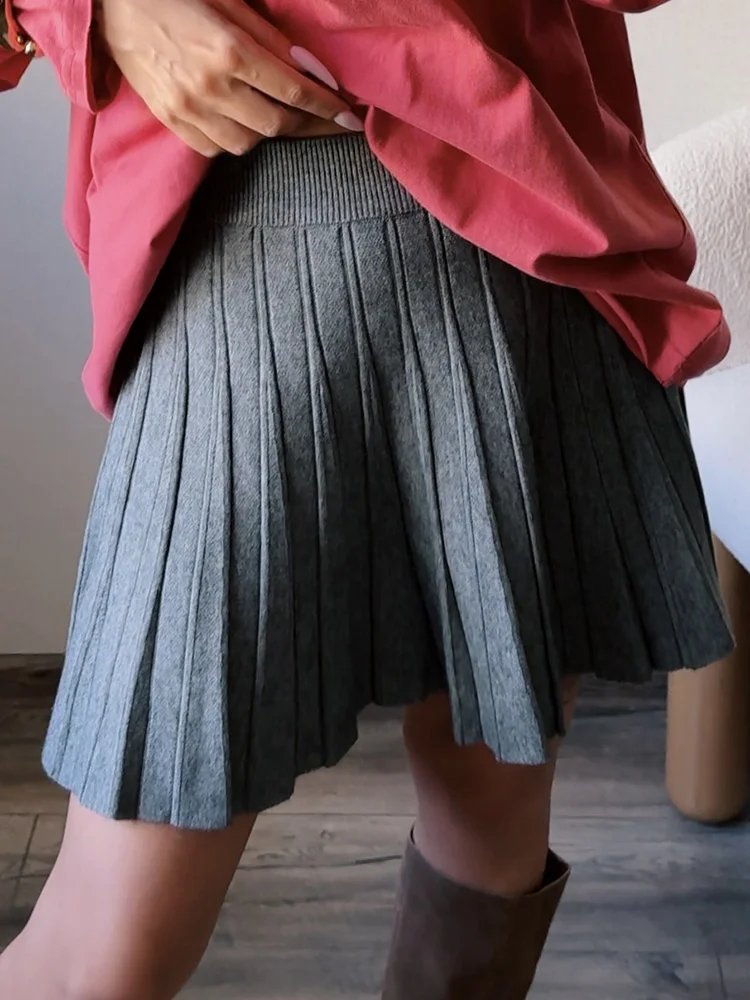 Autumn Knit White Mini Pleated Skirts For Women A Line Skirt Gray High Waist Women Knitted Pleated Short Skirts Korean Fashion