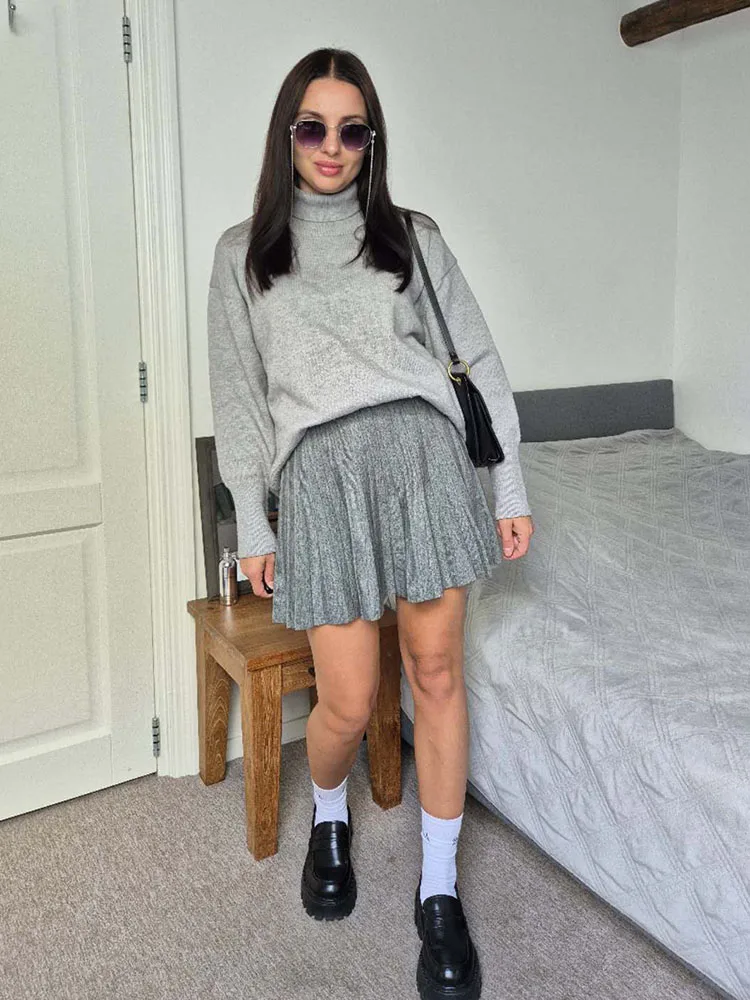 Autumn Knit White Mini Pleated Skirts For Women A Line Skirt Gray High Waist Women Knitted Pleated Short Skirts Korean Fashion
