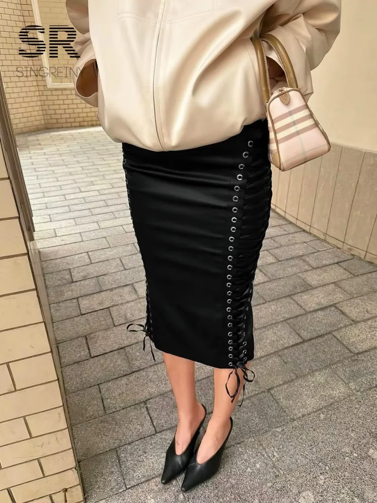 SINGREINY French Satin Black Long Skirts 2026 Autumn Solid Streetwear Designer-Inspired Lace Up Vintage Split Sexy Midi Skirts
