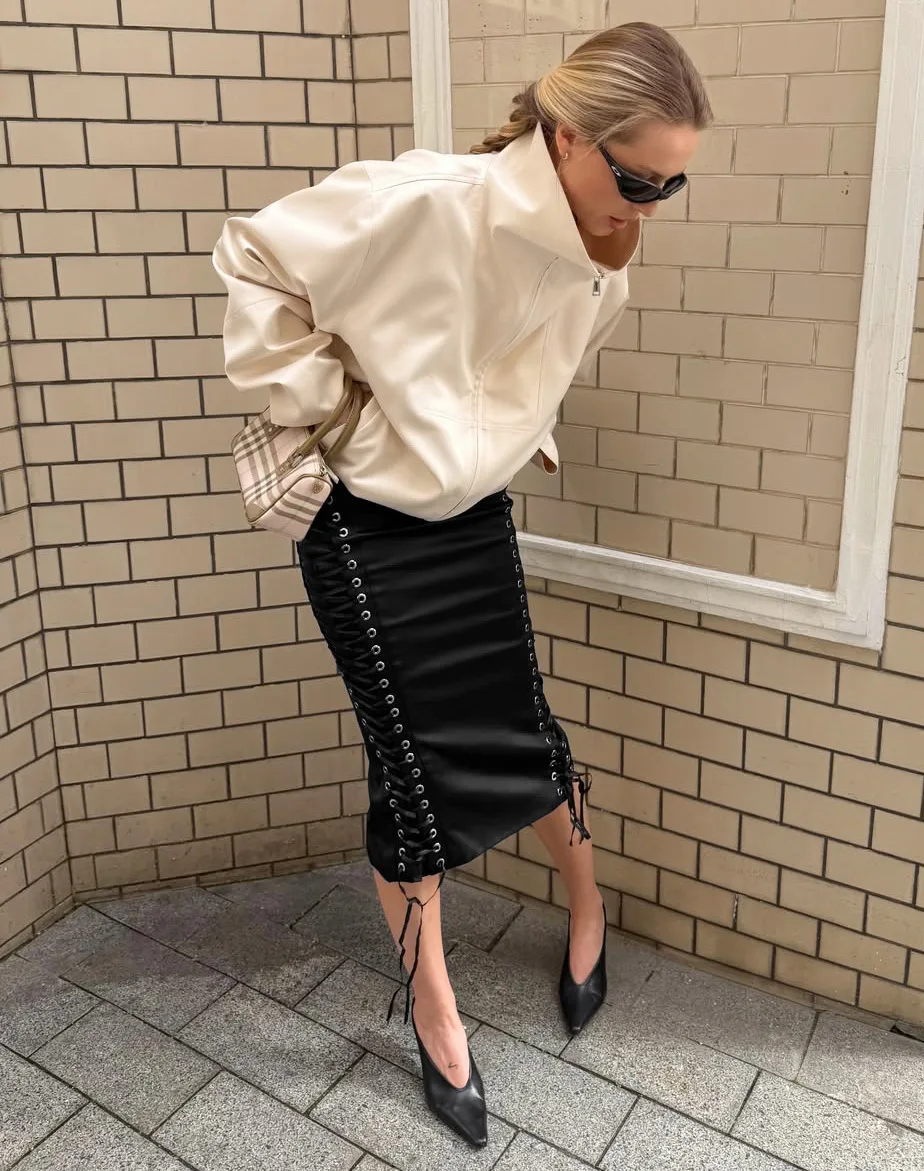 SINGREINY French Satin Black Long Skirts 2026 Autumn Solid Streetwear Designer-Inspired Lace Up Vintage Split Sexy Midi Skirts