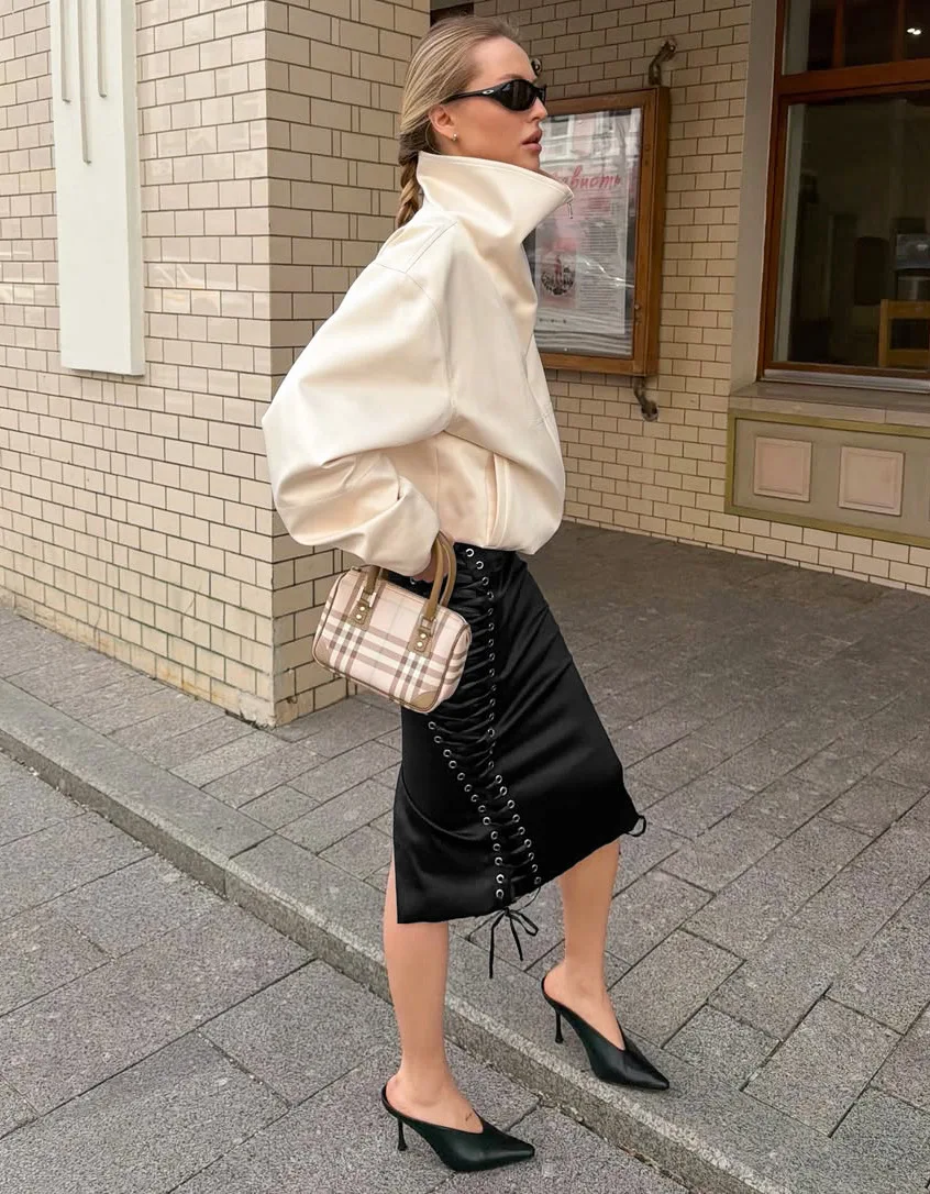 SINGREINY French Satin Black Long Skirts 2026 Autumn Solid Streetwear Designer-Inspired Lace Up Vintage Split Sexy Midi Skirts