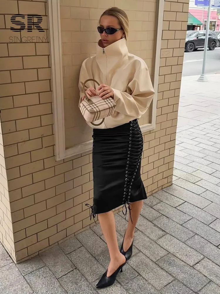 SINGREINY French Satin Black Long Skirts 2026 Autumn Solid Streetwear Designer-Inspired Lace Up Vintage Split Sexy Midi Skirts