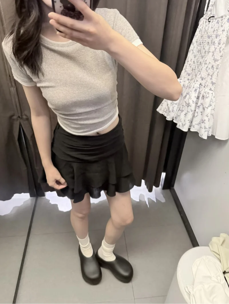 ETJ 2025 Women's Summer New sexy Fashion Hot Girl Style Flouncy Stacked Decoration Mid-Waist Short Skirt Pants