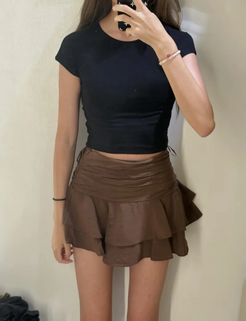 ETJ 2025 Women's Summer New sexy Fashion Hot Girl Style Flouncy Stacked Decoration Mid-Waist Short Skirt Pants