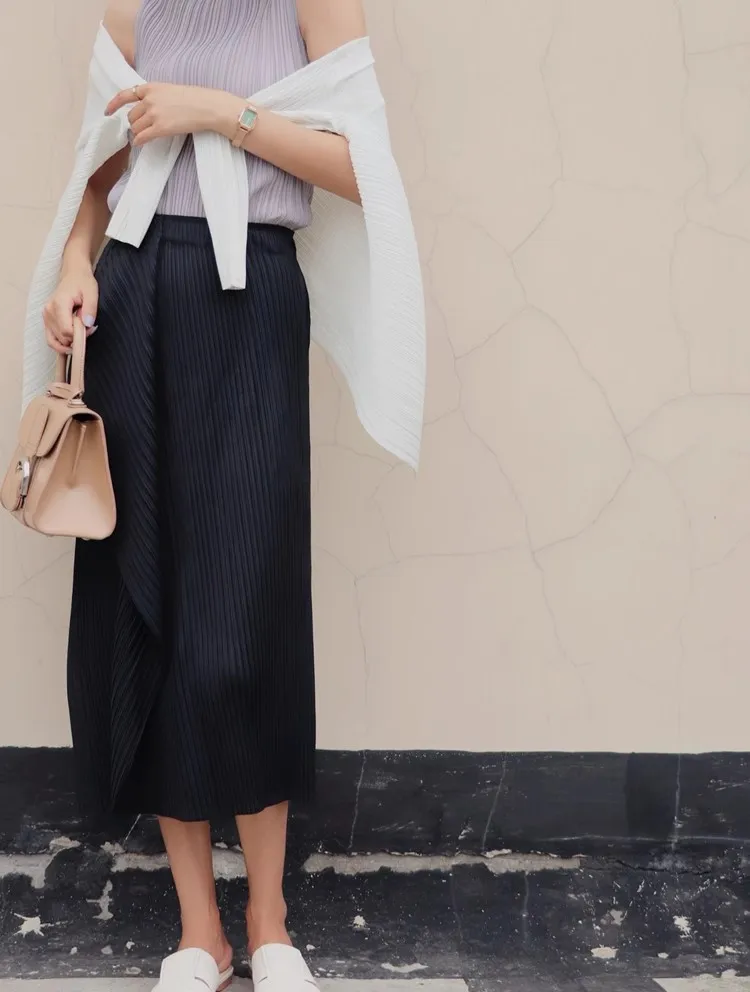 Miyake Pleated Irregular Skirt Women 2025 Spring Summer Korean Fashion Causal Straight Pleated Skirts