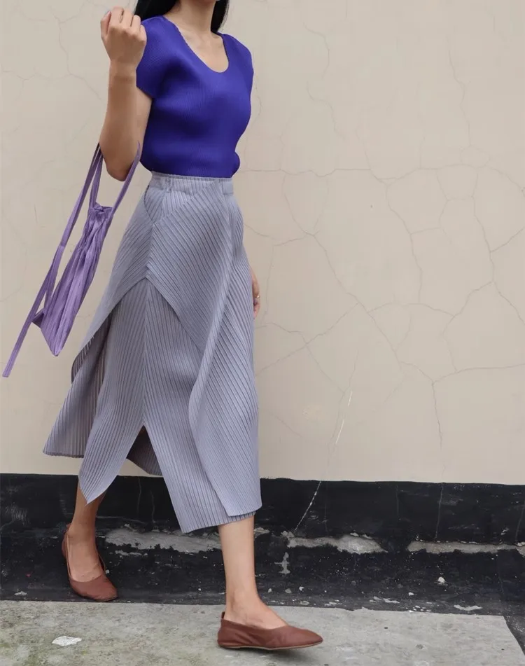 Miyake Pleated Irregular Skirt Women 2025 Spring Summer Korean Fashion Causal Straight Pleated Skirts