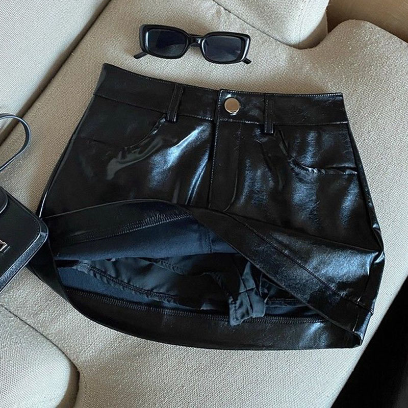 Wine Red PU Leather Skirts for Women Sexy Clubwear Hip-Wrapped Leather Mini Skirt Female Spring Autumn Anti-Glare Short Skirts