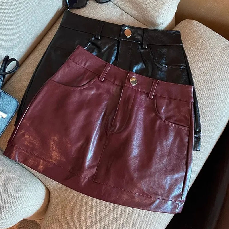 Wine Red PU Leather Skirts for Women Sexy Clubwear Hip-Wrapped Leather Mini Skirt Female Spring Autumn Anti-Glare Short Skirts