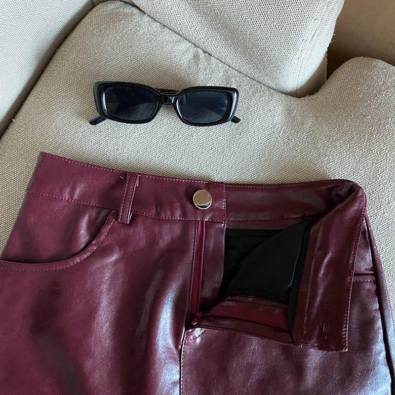 Wine Red PU Leather Skirts for Women Sexy Clubwear Hip-Wrapped Leather Mini Skirt Female Spring Autumn Anti-Glare Short Skirts